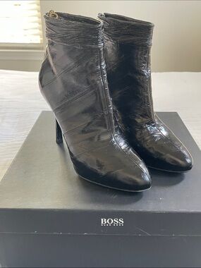Boss Black Patent Leather Pointed-Toe High-Heel Ankle Boots